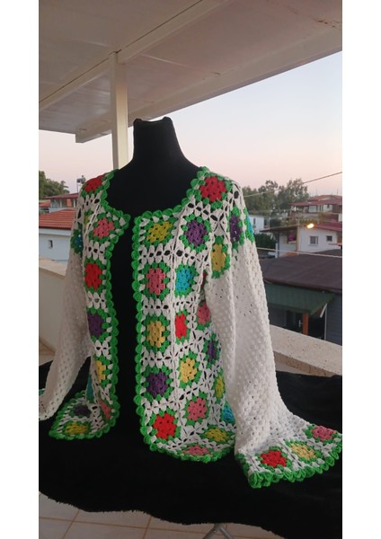 Yeşil Beyaz Çok Renkli Handmade Koton Hırka-Canlı Renkli Çiçek Motifli Koton Tığ Işi Salaş Hırka
