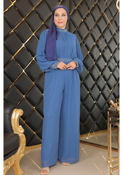 Taş Detaylı Şifon Tulum Abiye Mavi MSW19153-2 fırsatları