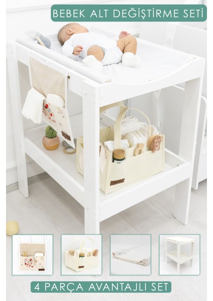 4 Parça Avantajlı Set, Bebek Alt Değiştirme Masası ve Pedi, Bağlamalı ve Sepet Keçe Organizer, Beyaz