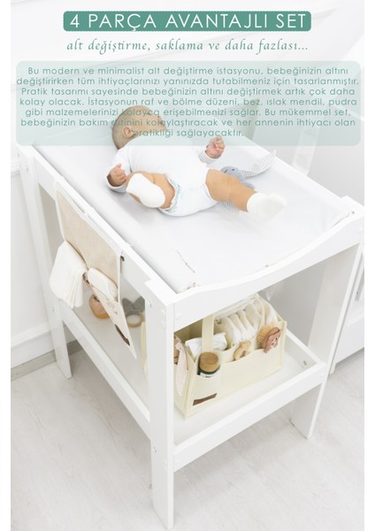 4 Parça Avantajlı Set, Bebek Alt Değiştirme Masası ve Pedi, Bağlamalı ve Sepet Keçe Organizer, Beyaz fiyatları