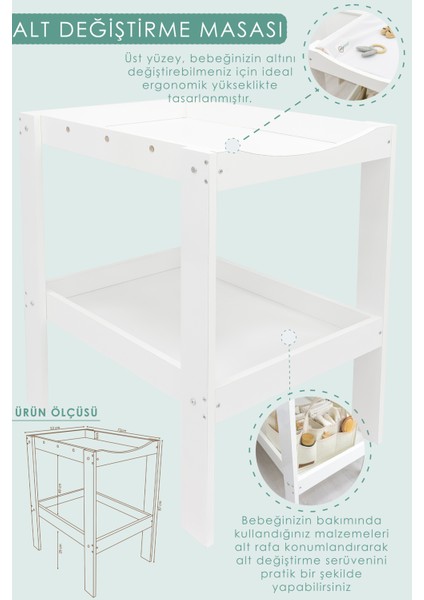4 Parça Avantajlı Set, Bebek Alt Değiştirme Masası ve Pedi, Bağlamalı ve Sepet Keçe Organizer, Beyaz modelleri