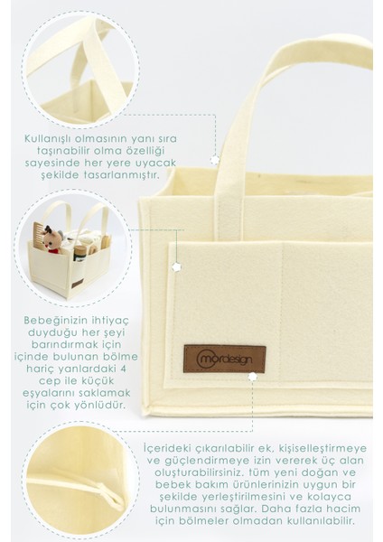 4 Parça Avantajlı Set, Bebek Alt Değiştirme Masası ve Pedi, Bağlamalı ve Sepet Keçe Organizer, Beyaz indirimleri