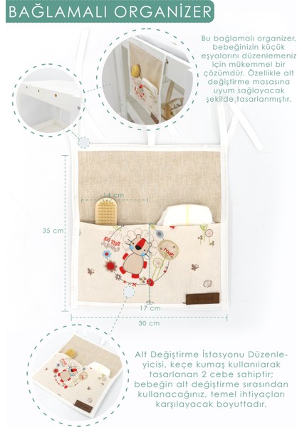 4 Parça Avantajlı Set, Bebek Alt Değiştirme Masası ve Pedi, Bağlamalı ve Sepet Keçe Organizer, Beyaz