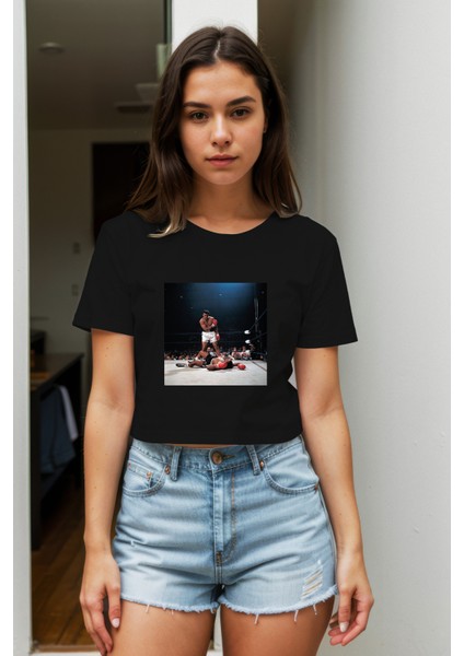 Muhammed Ali And Sonny Liston Usa 1965 Crop Tişört - Siyah fiyatları