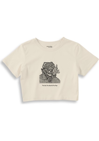 The Ear, The Skull & The Pipe Crop Tişört - Ekru