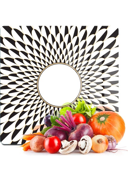 Cam Kesme Tahtası ve Sunumluk Kare Siyah Beyaz Ayna Görünümü Desenli 30X30 cm