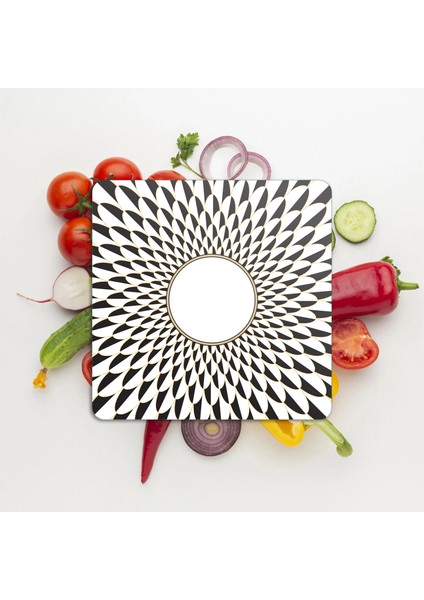 Cam Kesme Tahtası ve Sunumluk Kare Siyah Beyaz Ayna Görünümü Desenli 30X30 cm modelleri