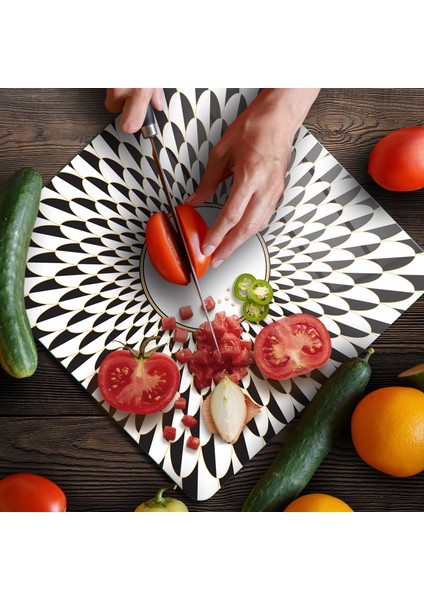 Cam Kesme Tahtası ve Sunumluk Kare Siyah Beyaz Ayna Görünümü Desenli 30X30 cm fırsatları