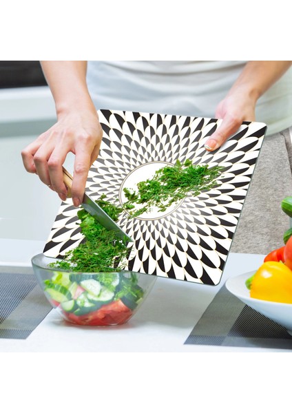 Cam Kesme Tahtası ve Sunumluk Kare Siyah Beyaz Ayna Görünümü Desenli 30X30 cm indirimleri