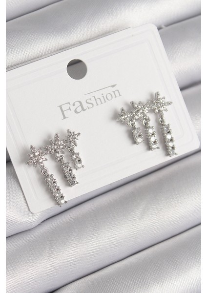 Pirinç Gümüş Renk Zirkon Taşlı 3'Lü Sallantı Yıldız Model Kadın Küpe - TJ-BKP9757