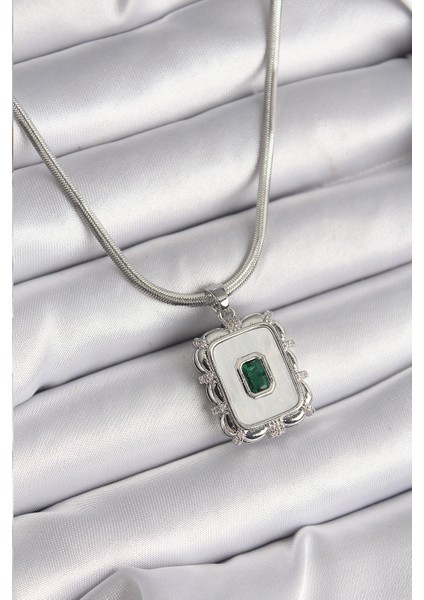 316L Çelik Gümüş Renk İtalyan Zincir Beyaz Sedefli Kare Portre Model Zümrüt Taş Detay Kadın Kolye - TJ-BKO9596