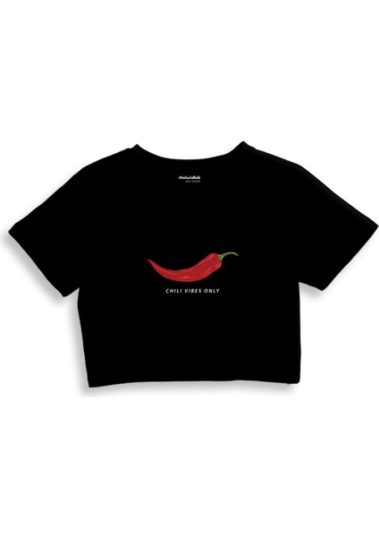 Chili Vibes Only Crop Tişört - Siyah