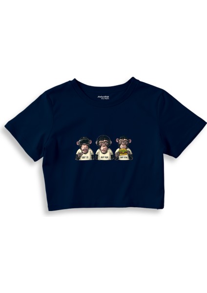 Diplomatic Monkeys Crop Tişört - Lacivert