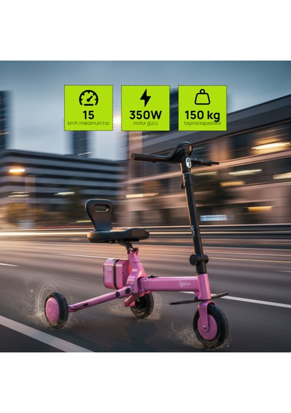 3 Tekerlekli Katlanabilir Elektrikli Oturulabilir Scooter – Hafif, Taşınabilir, Uzun Menzilli - Pembe
