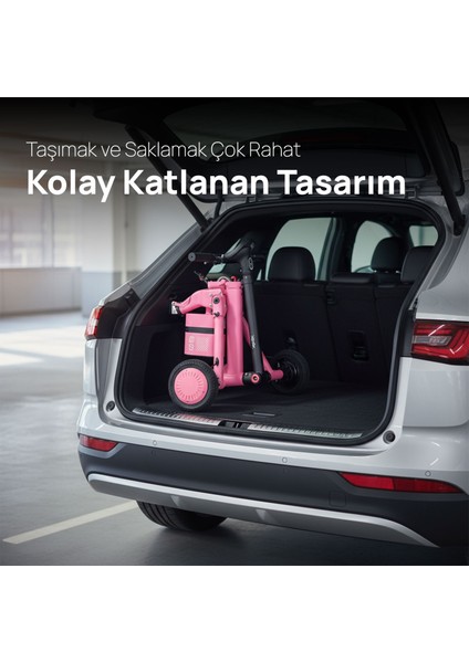 3 Tekerlekli Katlanabilir Elektrikli Oturulabilir Scooter – Hafif, Taşınabilir, Uzun Menzilli - Pembe