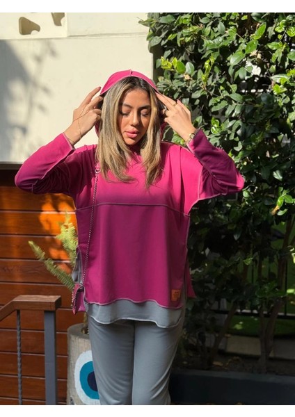 Mdb Kadın Pembe Kapşonlu Etek Ucu Detay Arma Ters Dikiş Gorunumlu Ikili Takım