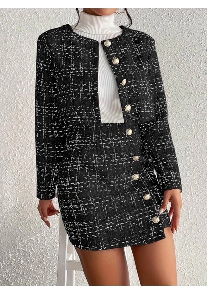 Mdb Kadın Uzun Kollu Önü Düğmeli Şanel Ceket ve Etek Takım modelleri