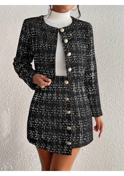 Mdb Kadın Uzun Kollu Önü Düğmeli Şanel Ceket ve Etek Takım indirimleri