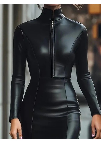 Mdb Kadın Uzun Kollu Yakalı Fermuarlı Mini Deri Elbise fiyatları