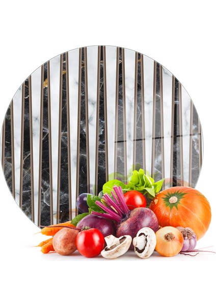 Cam Kesme Tahtası ve Sunumluk Yuvarlak Karışık Mermer Desenli 30X30 cm