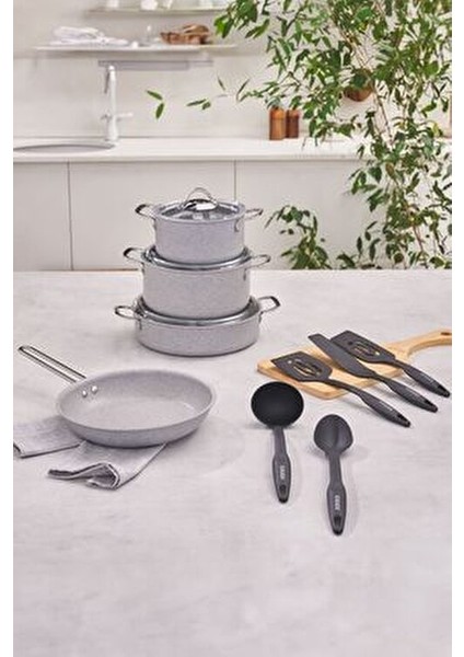 Biogranit Lena Derin Tencere Seti Granit Kaplama 12 Parça Siyah Renkli