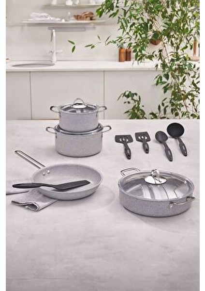 Biogranit Lena Derin Tencere Seti Granit Kaplama 12 Parça Siyah Renkli