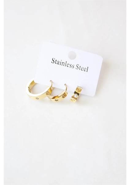 3'lü Taşlı Çelik Halka Küpe - Altın fiyatları