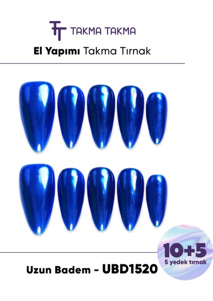 15'li Mavi Uzun Badem UBD1520 Tekrar Kullanılabilir El Yapımı Protez Takma Tırnak - Mavi-XS