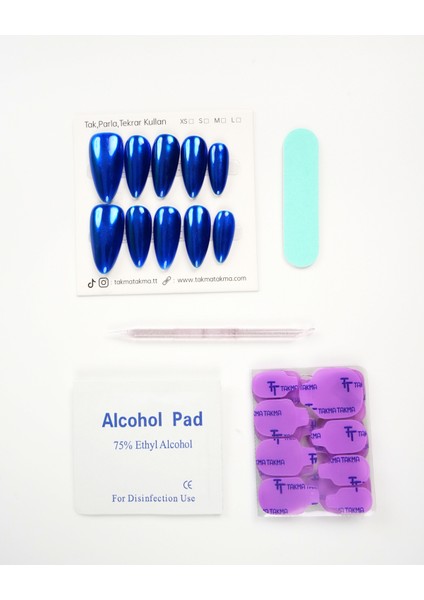 15'li Mavi Uzun Badem UBD1520 Tekrar Kullanılabilir El Yapımı Protez Takma Tırnak - Mavi-XS fırsatları