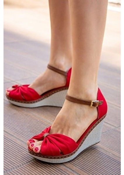 Kırmızı Kadın Dolgu Topuklu Ayakkabı Keten Malzeme ile 9 cm Topuk Yüksekliği fırsatları