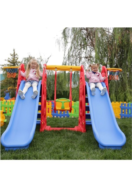 Büyük Çocuk Oyun Parkı – Çift Kaydıraklı Salıncak Seti | 3+ Yaş | Güvenlik Korumalı, Kolay Kurulum, Kapalı & Açık Alan Uyumlu