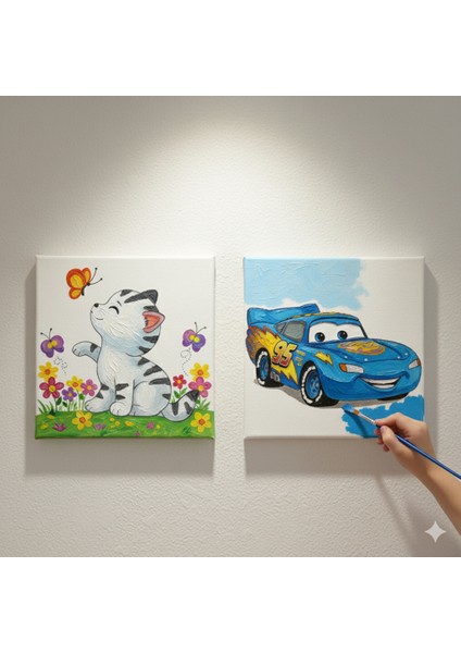 Okul Etkinliği-2'li Tuval Boyama Seti. 20X20 cm Uv Baskı 6 Akrilik Boya 1 FIRÇA-MODEL-369
