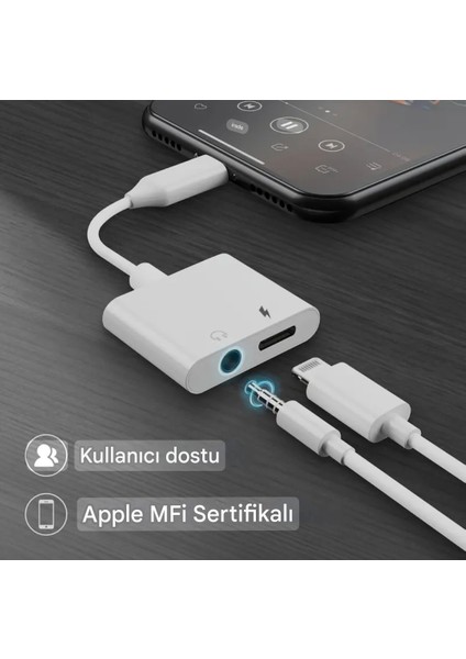 2'si 1'Arada iphone Lightning To 3.5mm Kulaklık Adaptörü 2'si 1 Arada Ses ve Şarj Adaptörü Kablosu Dönüştürücü Çevirici Sağlam Orjinal modelleri