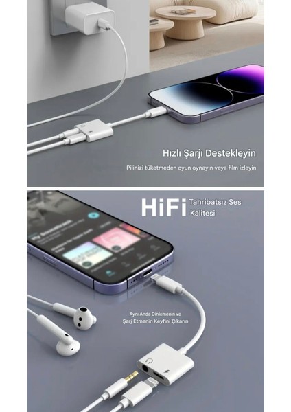 2'si 1'Arada iphone Lightning To 3.5mm Kulaklık Adaptörü 2'si 1 Arada Ses ve Şarj Adaptörü Kablosu Dönüştürücü Çevirici Sağlam Orjinal