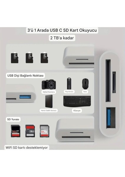 3'ü 1 Arada iphone Lightning To Tf Sd Kart ve Usb Çevirici Dönüştürücü Orjinal Sağlam fırsatları