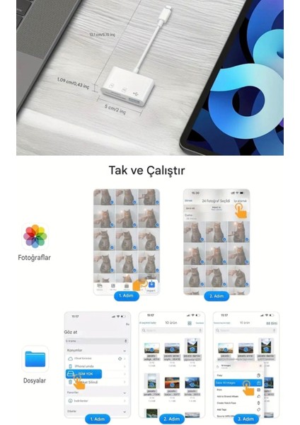 3'ü 1 Arada iphone Lightning To Tf Sd Kart ve Usb Çevirici Dönüştürücü Orjinal Sağlam