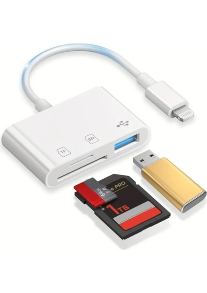 3'ü 1 Arada iphone Lightning To Tf Sd Kart ve Usb Çevirici Dönüştürücü Orjinal Sağlam