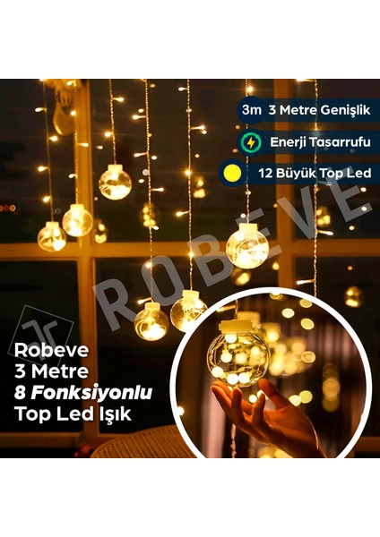 Işıklı Yılbaşı Top LED LED Işık Saçak LED Top Dekoratif Yılbaşı LED 2.5 Metre 138 LED 8 Fonksiyonlu 8 Modlu LED Işık Günışığı Perde LED