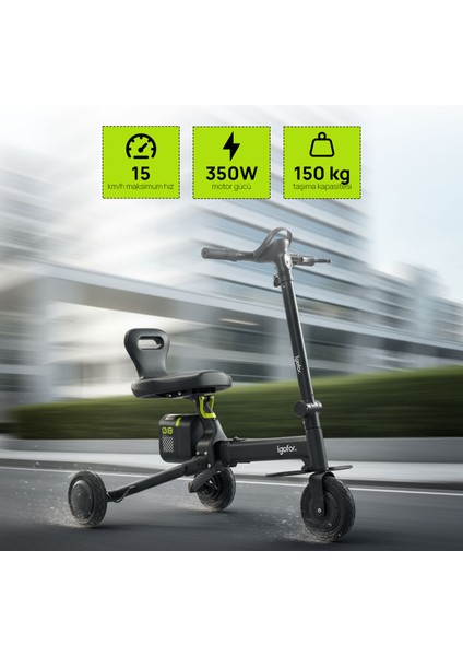 3 Tekerlekli Katlanabilir Elektrikli Oturulabilir Scooter – Hafif, Taşınabilir, Uzun Menzilli - Siyah