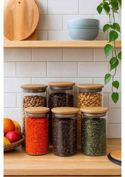 6'lı Bambu Kapaklı Hava Geçirmez Cam Kavanoz Seti - Baharat Kuruyemiş Bakliyat Çay Kahve Şeker Tuz Saklama Kabı Mutfak Düzenleyici