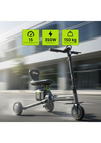 3 Tekerlekli Katlanabilir Elektrikli Oturulabilir Scooter – Hafif, Taşınabilir, Uzun Menzilli - Gri indirimleri