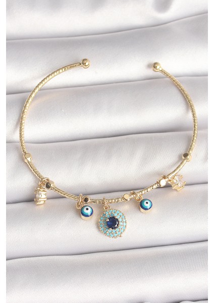 Pirinç Gold Renk Zirkon Taşlı Nazar Boncuk Detay Charm Kadın Bileklik - TJ-BB6883 fiyatları