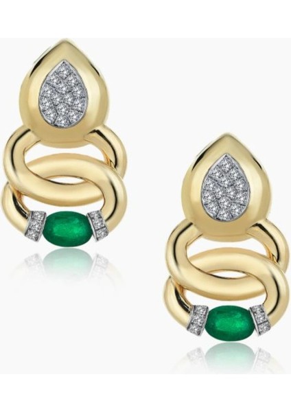 Çelik Gold Renkli Zümrüt Yeşili Küpe