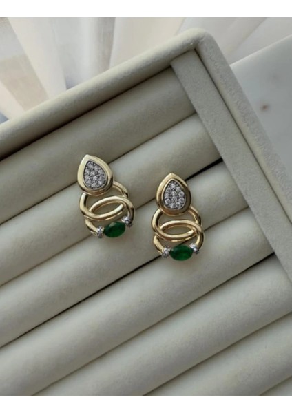 Çelik Gold Renkli Zümrüt Yeşili Küpe modelleri