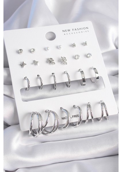 Pirinç Gümüş Renk Zirkon Taş Detaylı 12 Çift Kadın Küpe Seti - TJ-BKP9681 modelleri