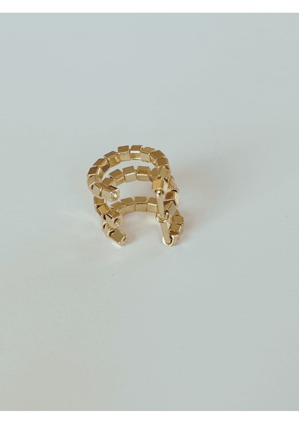 Üç Sıra Dönebilen Parlak Dikdörtgen Detaylı Ayarlanabilir Gold Earcuff