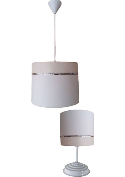 Krem Beyaz M-0385 Kumaş Kaplama 2.li Set Yatak Odası Genç ve Çocuk Odası Avize ve Abajur Seti