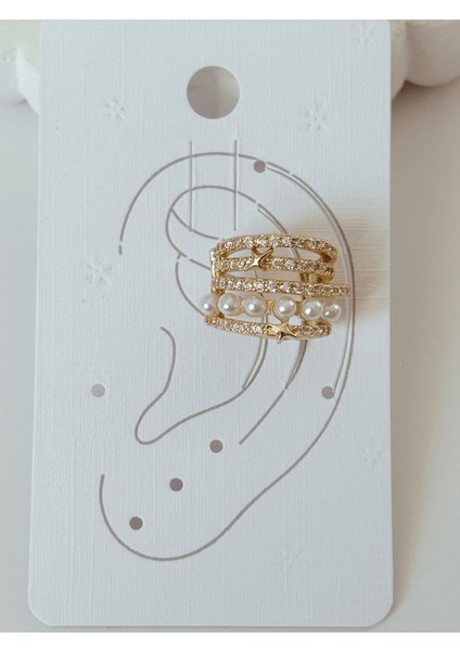 Beş Sıra Parlak Taş Detaylı Incili ve Yıldızlı Gold Earcuff