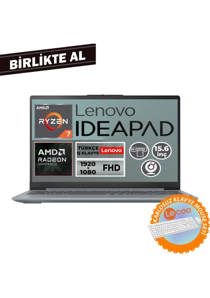 Ideapad Slim 3 Ryzen 7 5825U 16GB 512GB SSD 15.6" Fdos Laptop+Klavye-Mouse Set 82XM00U4TX 004