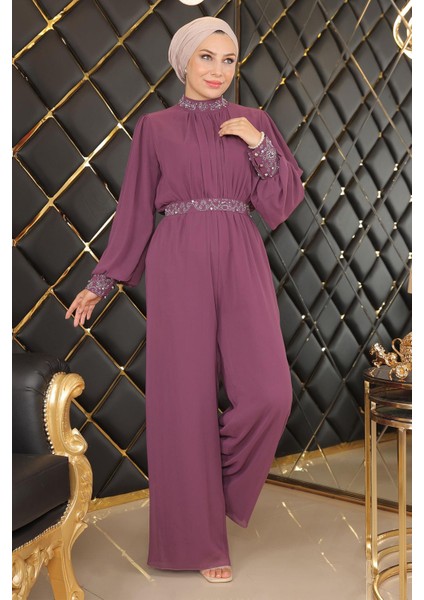 Taş Detaylı Şifon Tulum Abiye Mürdüm MSW19153-4